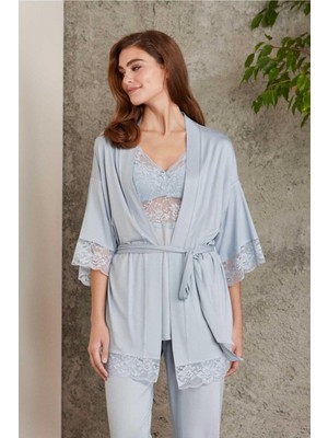 Pierre Cardin 2810 Kadın Mist Dantelli Penye Sabahlıklı Pijama Takımı