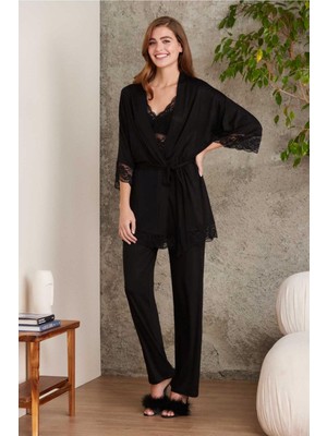 Pierre Cardin 2810 Kadın Siyah Dantelli Penye Sabahlıklı Pijama Takımı