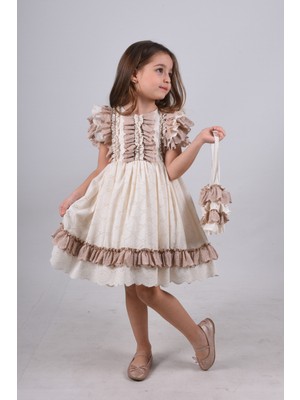 Mialora Exclusive Özel Tasarım Kız Çocuk Kısa Elbise, Vintage Kız Çocuk Elbise, Çanta Aksesuarlı Abiye Elbise