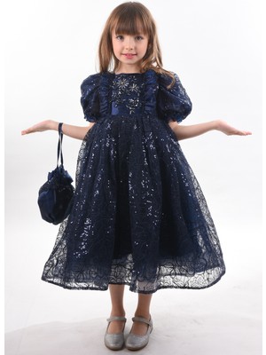 Mialora Exclusive Özel Tasarım Kız Çocuk Uzun Elbise, Vintage Kız Çocuk Elbise, Çanta Aksesuarlı Abiye Elbise