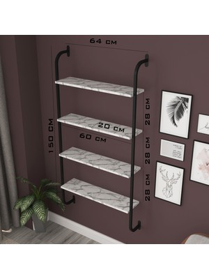 Alkur Home Line Dekoratif Duvar Rafı Metal 4 Beyaz Mermer Desenli  Ahşap Raflı Kitaplık, Stant