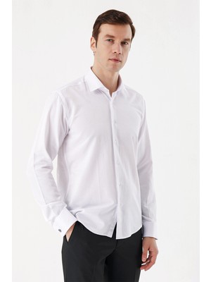 Morven  Erkek Beyaz Juliet Jakarlı  Manşetli Sert Yaka Slim Fit Gömlek
