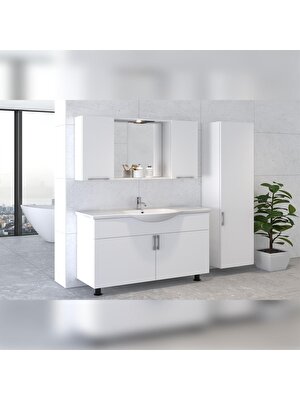 Furnity Beyaz Boy Dolaplı Aynalı Üst Dolaplı 100 cm Lavabolu Banyo Dolap Seti