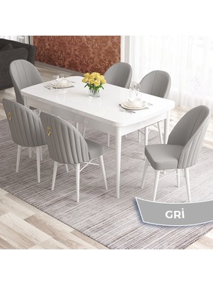 Elf Serisi 80X132 Açılabilir Beyaz Mutfak Masa Takımı 6 Sandalye Gold Halkalı