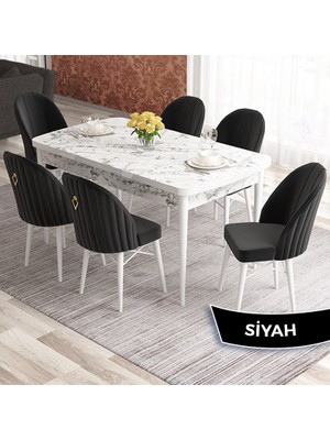 Elf Serisi 80X132 Açılabilir Beyaz Mermer Desen Mutfak Masası Takımı 6 Sandalye Gold Halkalı