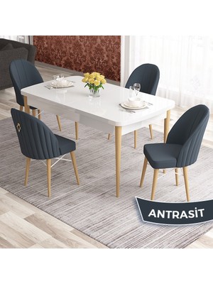 Elf Serisi 80X132 Beyaz Masa Doğal Ahşap Ayak Beyaz Kafesli 4 Sandalye Gold Halkalı