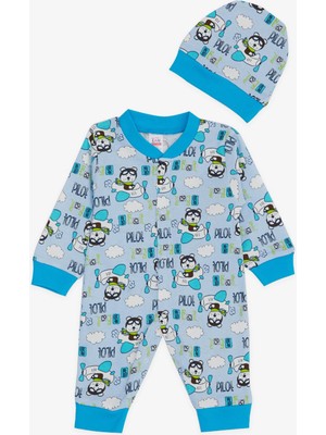 Breeze Erkek Bebek Tulum Pilot Ayıcık Desenli 0-3 Ay-6 Ay, Mavi