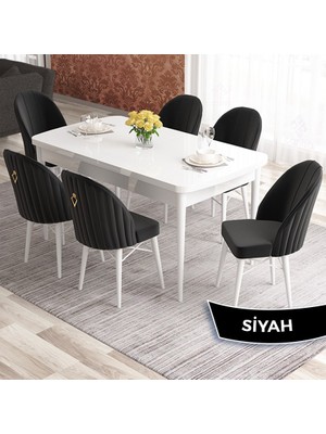 Elf Serisi 80X132 Açılabilir Beyaz Mutfak Masa Takımı 6 Sandalye Gold Halkalı