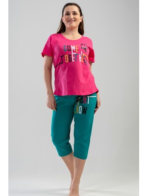 Vienetta Pamuklu Kadın Büyük Beden Kısa Kol Kaprili Pijama Takım