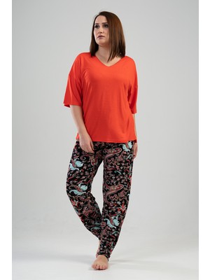 Vienetta Kadın Büyük Beden V Yaka Düşük Omuzlu Kısa Kol Pijama Takım