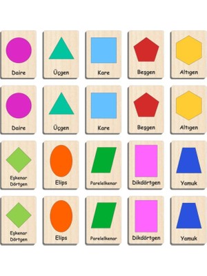Ahşap Yapboz Zeka Kartları Eşleştirme Oyunu Hafıza Kartı Puzzle (Geometrik Şekiller)