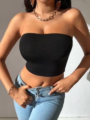 Liona Kadın Siyah Straplez Crop Top Bluz