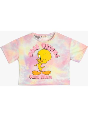 Koton Tweety Tişört Lisanslı Oversize Kısa Kollu Bisiklet Yaka Batik Desenli