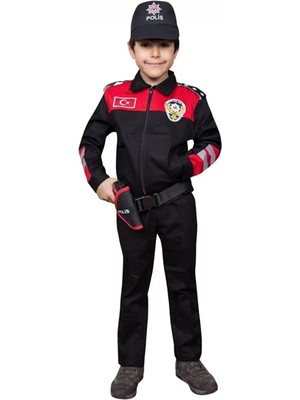 Single Sword Unisex Çocuk Polis Kıyafeti (Şapka, Gömlek, Pantolon Takımı)  - 8-Yunus