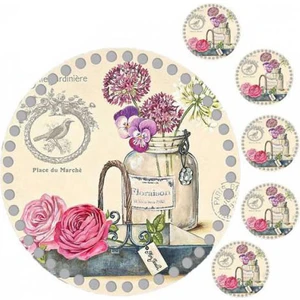 Grafilli Design 30 cm Karışık Çiçek Baskılı Örgü Ahşap Tepsi Plakası, 5 Adet 10 cm Baskılı Bardak Altı 012