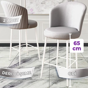 Concept Rika Serisi 65 cm Deri Bar Sandalyesi  Beyaz Metal Ayaklı 2 Adet Ada Mutfak Bar Sandalyesi