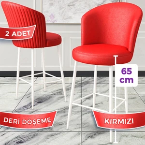 Concept Rika Serisi 65 cm Deri Bar Sandalyesi  Beyaz Metal Ayaklı 2 Adet Ada Mutfak Bar Sandalyesi