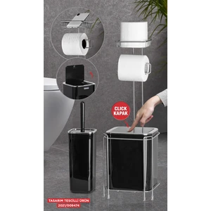 Okyanus Home Krom Yedekli Wc Kağıtlık Siyah Çöp Kovası ve Wc Fırça Seti