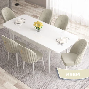 Concept Roz Serisi 80X132 Mdf Açılabilir Beyaz Mutfak Masa Takımı 6 Sandalye Gold Halkalı