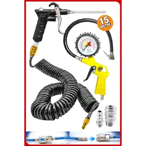 Havalı Kompresör Saatli Lastik Şişirme 15 Mt spiral Hortumuhava Tabancası  Hava Recor Paket Set