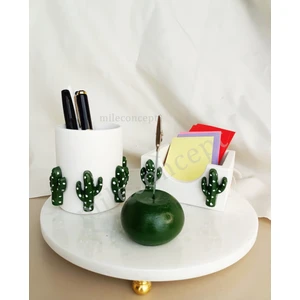 Masaüstü 3D Kaktüs Desenli Beton Ofis Seti; Kalemlik, Bloknotluk ve Notluk