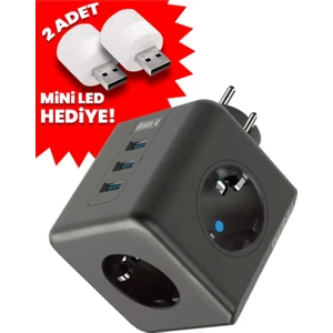Termal Akım Korumalı 3'lü Duvar Tipi Priz 3 Usb'li Küp Priz Ftr-09 + 2 Adet Mini LED Lamba