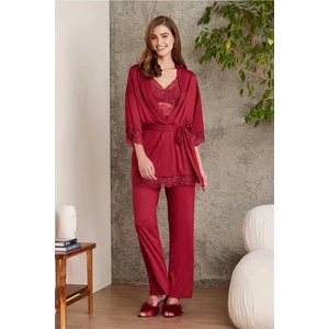 Pierre Cardin 2810 Kadın Dantelli Penye Sabahlıklı Pijama Takım-Bordo
