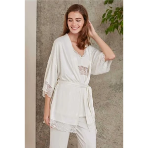 Pierre Cardin 2810 Kadın Dantelli Penye Sabahlıklı Pijama Takım-Ekru