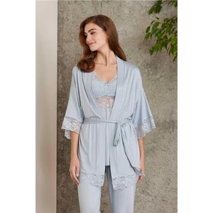 Pierre Cardin 2810 Kadın Dantelli Penye Sabahlıklı Pijama Takım-Mist