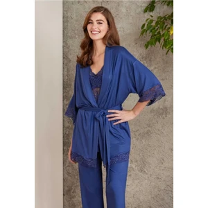 Pierre Cardin 2810 Kadın Dantelli Penye Sabahlıklı Pijama Takım-Lacivert