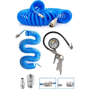 Hava Üfleme Toz Alma 15 Mt Spiral Hava Hortumu ve Saatli Lastik Şişirme Hava Tabancası