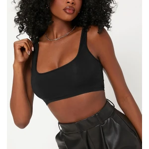 Kadın Kare Yaka Siyah Slim Fit Mini Crop Top Bluz