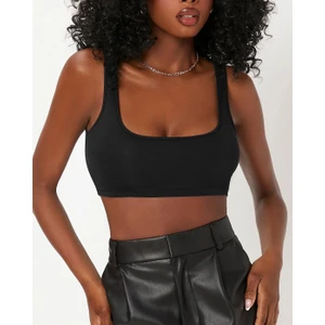 Kadın Kare Yaka Siyah Slim Fit Mini Crop Top Bluz