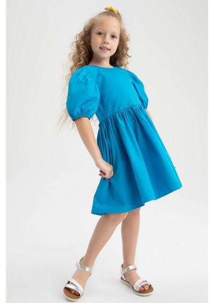 Kız Çocuk Bisiklet Yaka Kısa Balon Kollu Pamuklu Poplin Elbise Y0192A622SM