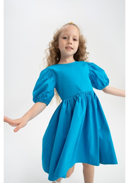 Kız Çocuk Bisiklet Yaka Kısa Balon Kollu Pamuklu Poplin Elbise Y0192A622SM fırsatları