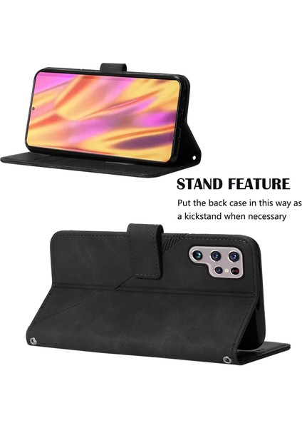 Galaxy S22 Ultra Için Kabartmalı Pu Deri Stand Cüzdan Telefon Kılıfı - Siyah (Yurt Dışından)
