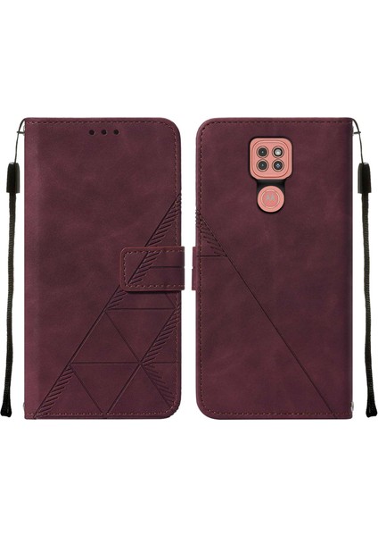 Moto G9 / G9 Play / E7 Plus Için Kabartmalı Pu Deri Stand Cüzdan Telefon Kılıfı - Kırmızı (Yurt Dışından)