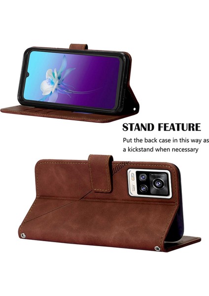 V20 / V21E 4g / Y73 2021 Için Kabartmalı Pu Deri Stand Cüzdan Telefon Kılıfı - Kahverengi (Yurt Dışından)