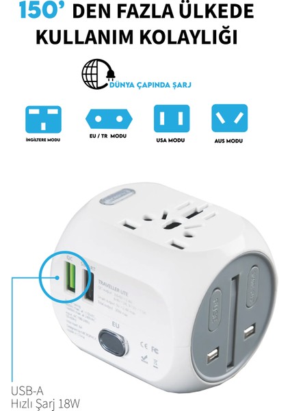 Taşınır 18W Güç Dönüşüm USA-US/AUS/UK/EU-TR Uluslararası Giriş Çıkış Seyahat Hızlı Şarj Fast Adaptör MTA-218