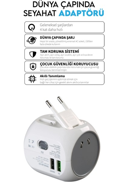 Taşınır 18W Güç Dönüşüm USA-US/AUS/UK/EU-TR Uluslararası Giriş Çıkış Seyahat Hızlı Şarj Fast Adaptör MTA-218