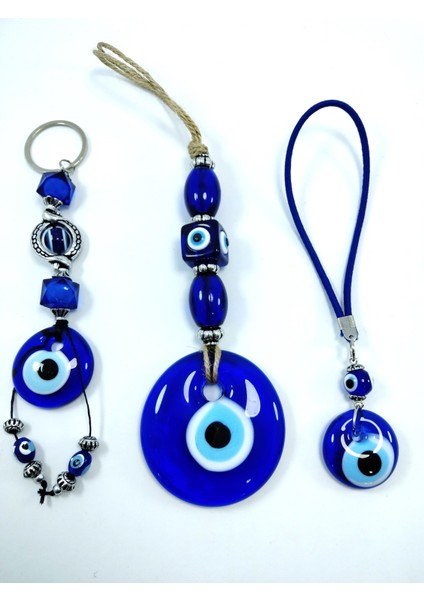 El Yapımı Nazar Boncuğu Duvar Dekoru +Araba Dikiz Ayna Süsü+Anahtarlık Cam Dekoratif Set