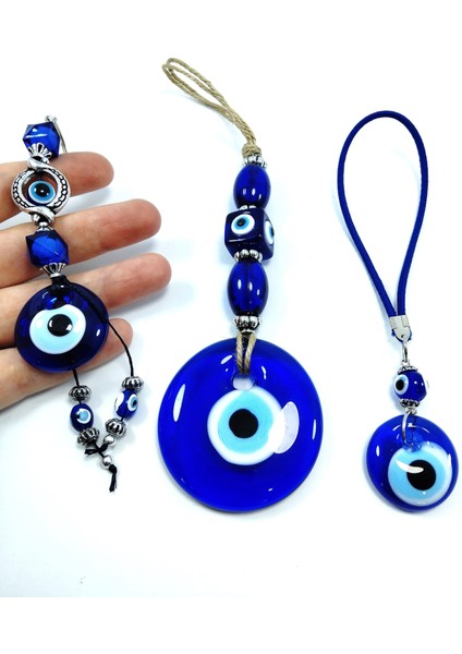 El Yapımı Nazar Boncuğu Duvar Dekoru +Araba Dikiz Ayna Süsü+Anahtarlık Cam Dekoratif Set