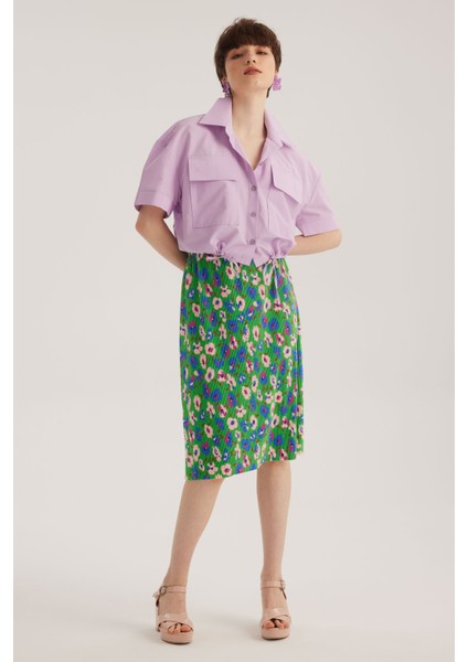 Lila Bağlama Detaylı Çift Cepli Kısa Kollu Crop Gömlek modelleri