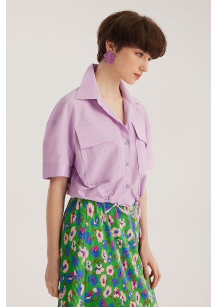 Lila Bağlama Detaylı Çift Cepli Kısa Kollu Crop Gömlek fırsatları