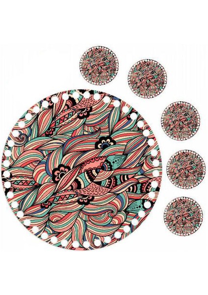 30 cm Karışık Renk Baskılı Örgü Ahşap Tepsi Plakası, 5 Adet 10 cm Baskılı Bardak Altı 01