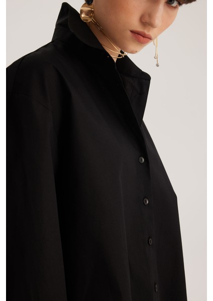 Siyah Oversize Poplin Gömlek