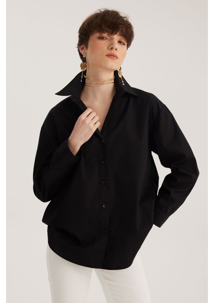 Siyah Oversize Poplin Gömlek
