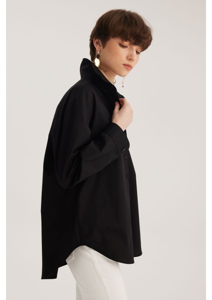 Siyah Oversize Poplin Gömlek
