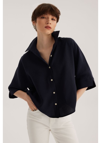 Lacivert Yarasa Kol Modal Gömlek