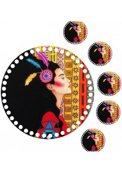 30 cm Kadın Figür Baskılı Örgü Ahşap Tepsi Tabanı Plakası, 5 Adet 10 cm Baskılı Bardak Altı fiyatları